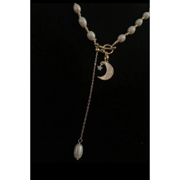 Cultured Pearl Moon Star Charm Necklace OT Buckle White Chain Real Natural - Picture 6 of 10